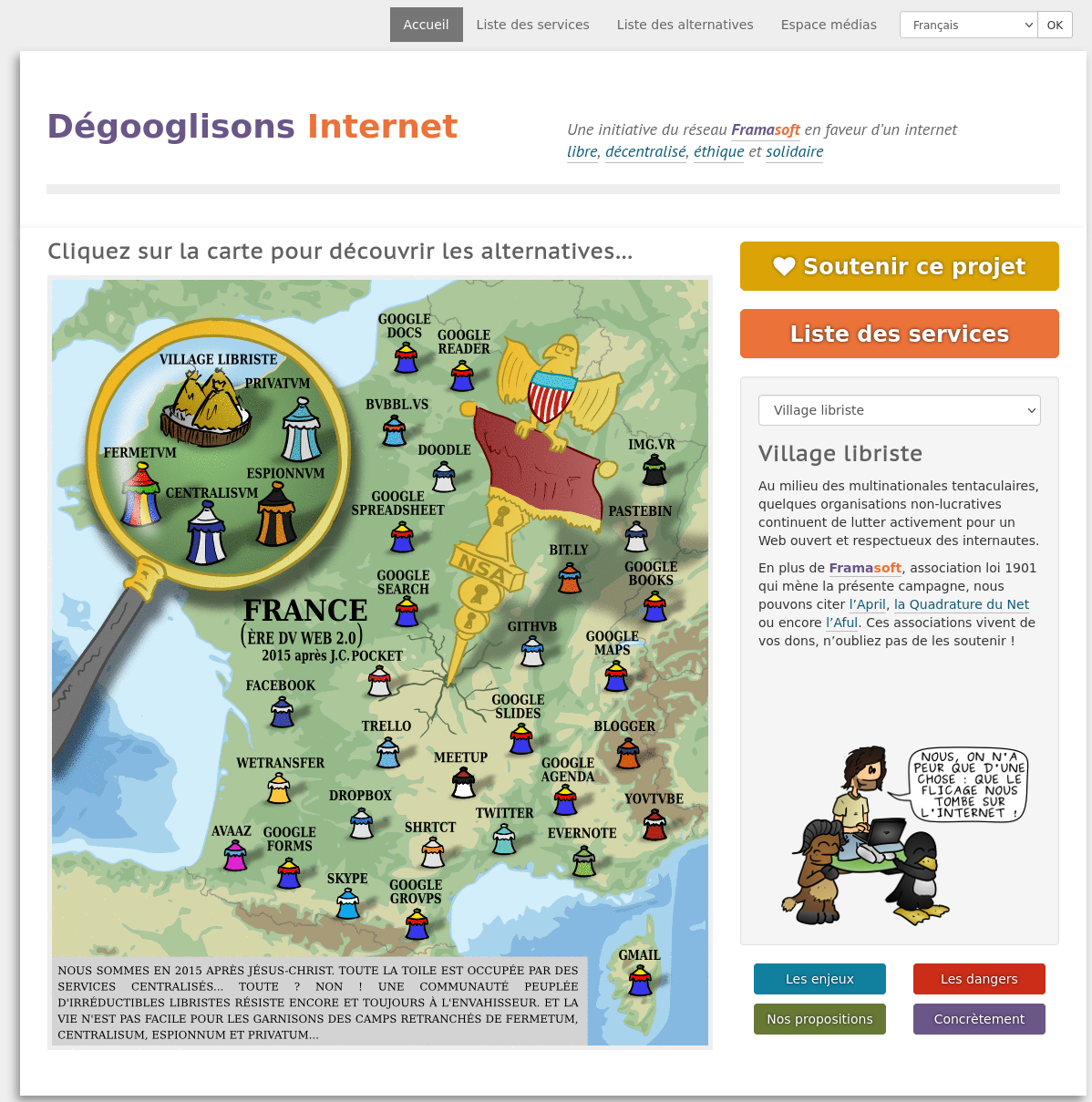 Première page de campagne « Dégooglisons Internet », Framasoft, 2014. Framasoft / Wikimedia Commons, CC BY-SA 4.0.