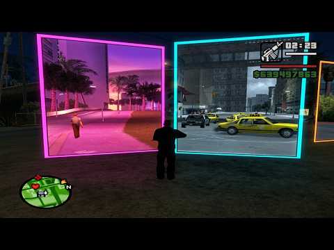 Still from Dryxio’s mod demonstration: portals connect San Andreas, GTA III and Vice City. See the associated YouTube video.