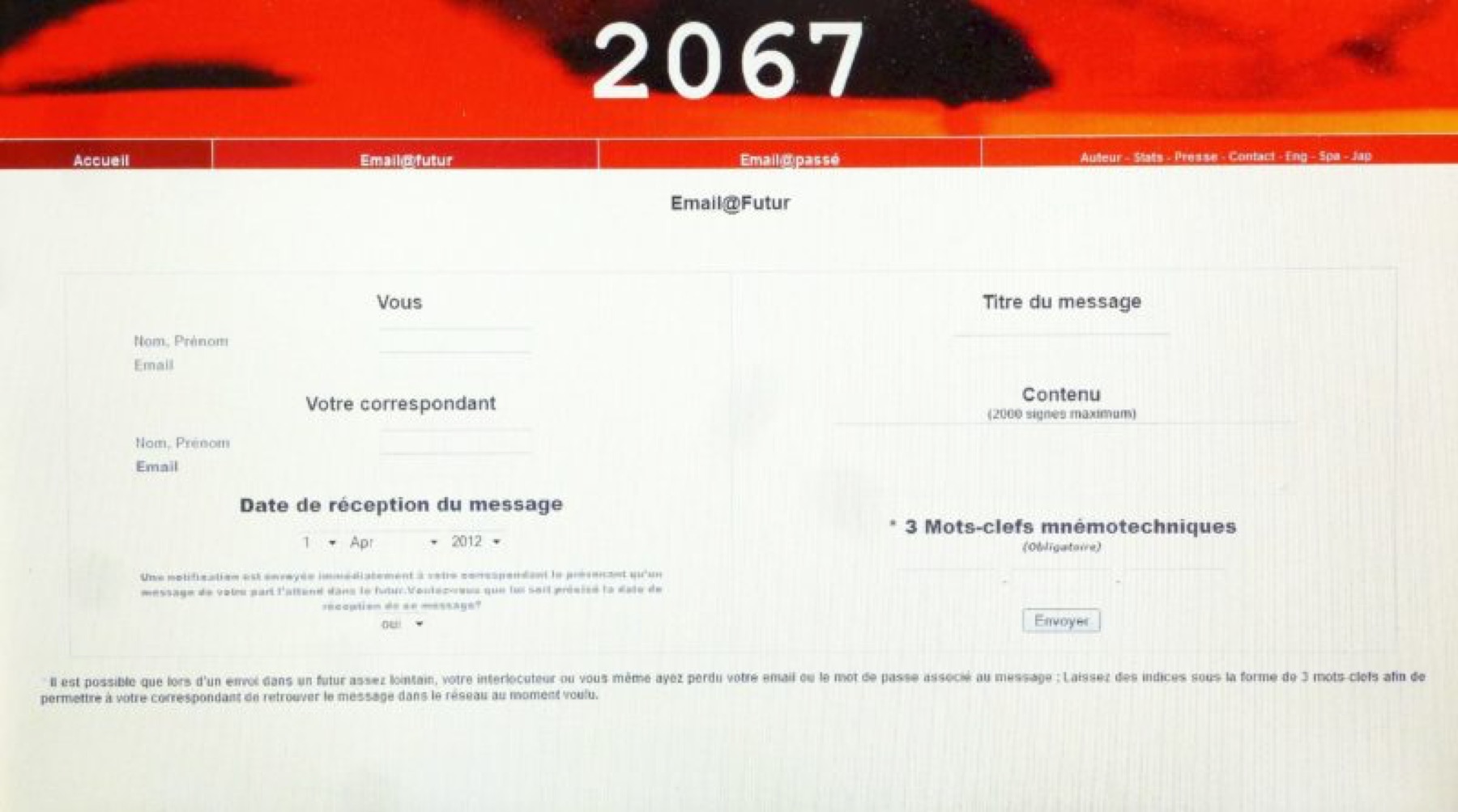 Interface du projet 2067 : envoyer un e-mail vers le futur. David Guez, 2067.fr.