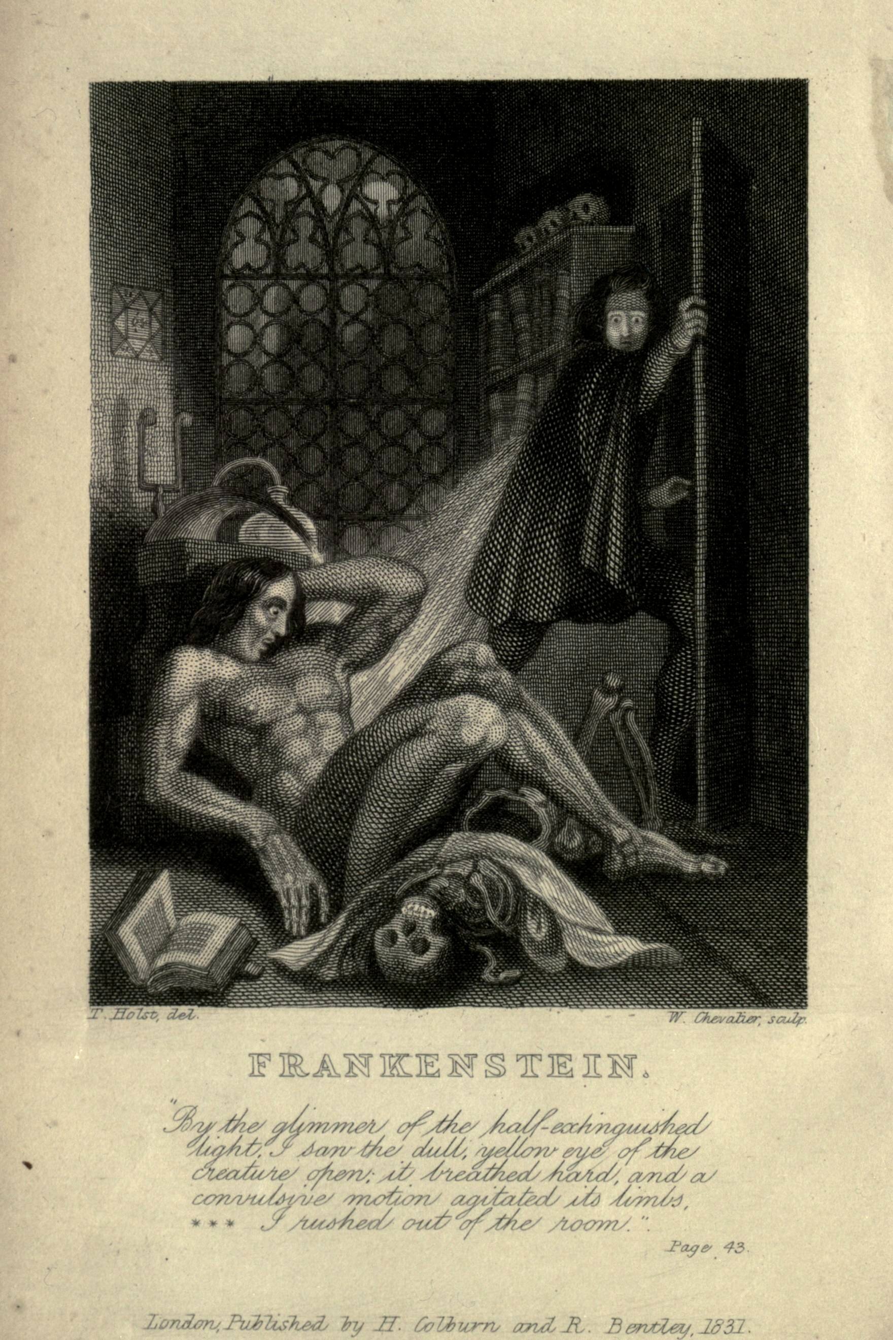 Theodor von Holst, frontispiece to the 1831 edition of Frankenstein. Public domain / Wikimedia Commons.