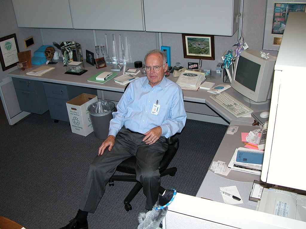 Gordon Moore in his office in 2003. His “law” was an industrial and economic observation, not a law of nature. Photo: Intel Free Press, CC BY-SA 2.0, Wikimedia Commons.