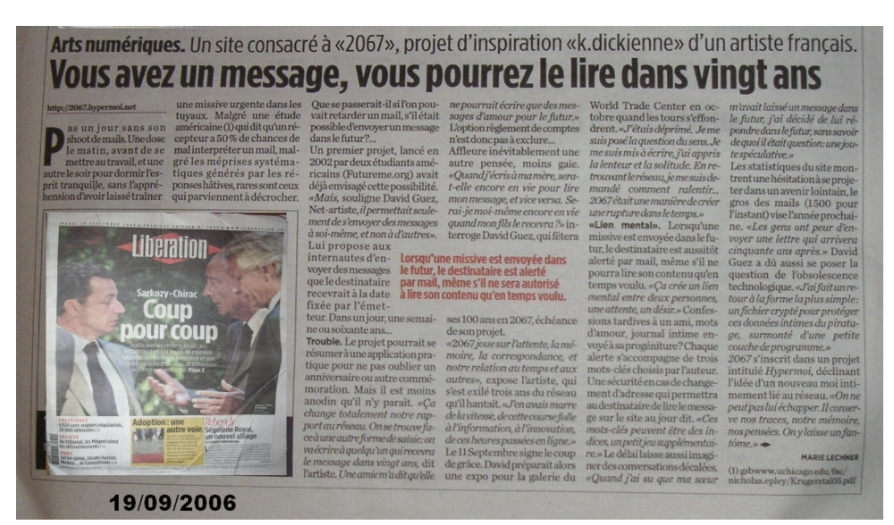 Marie Lechner, « Vous avez un message, vous pourrez le lire dans vingt ans », Libération, 19 septembre 2006. Coupure transmise par David Guez.