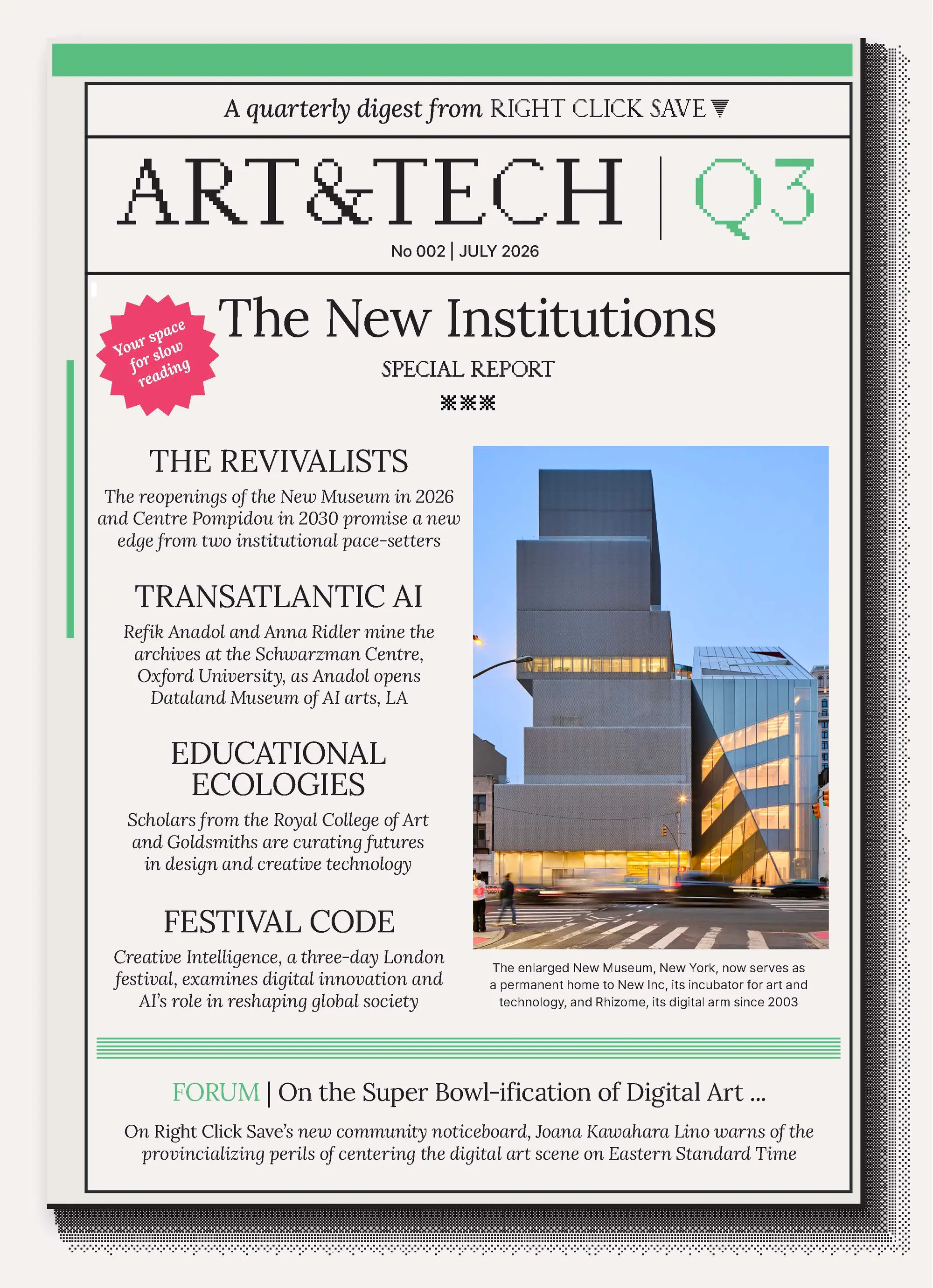 Art & Tech Q3, July 2026. Cover reproduction: Right Click Save.