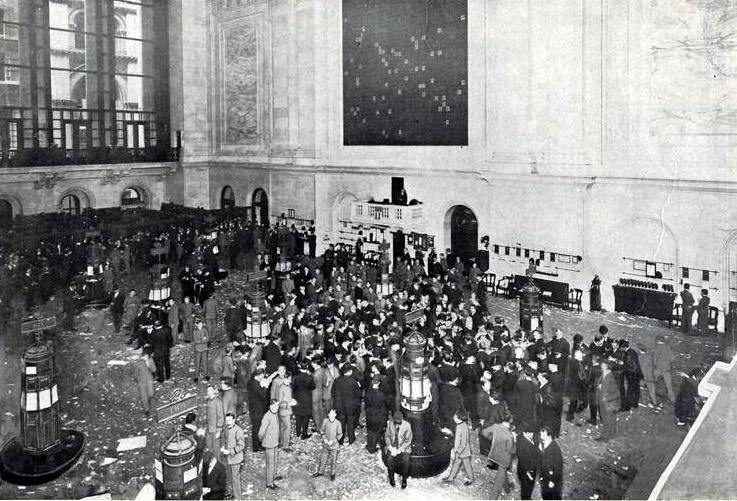 Parquet de la Bourse de New York, 1908. Helen D. Van Eaton / New York Public Library, domaine public.