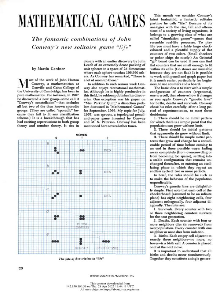 Martin Gardner, « Mathematical Games », 1970