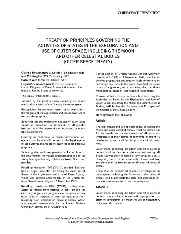 UN — Outer Space Treaty, 1967