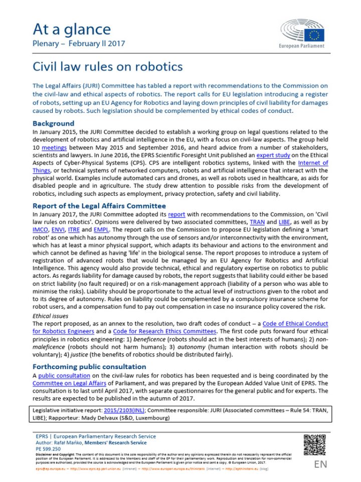 Parlement européen — rapport sur les règles de droit civil sur la robotique, 2017